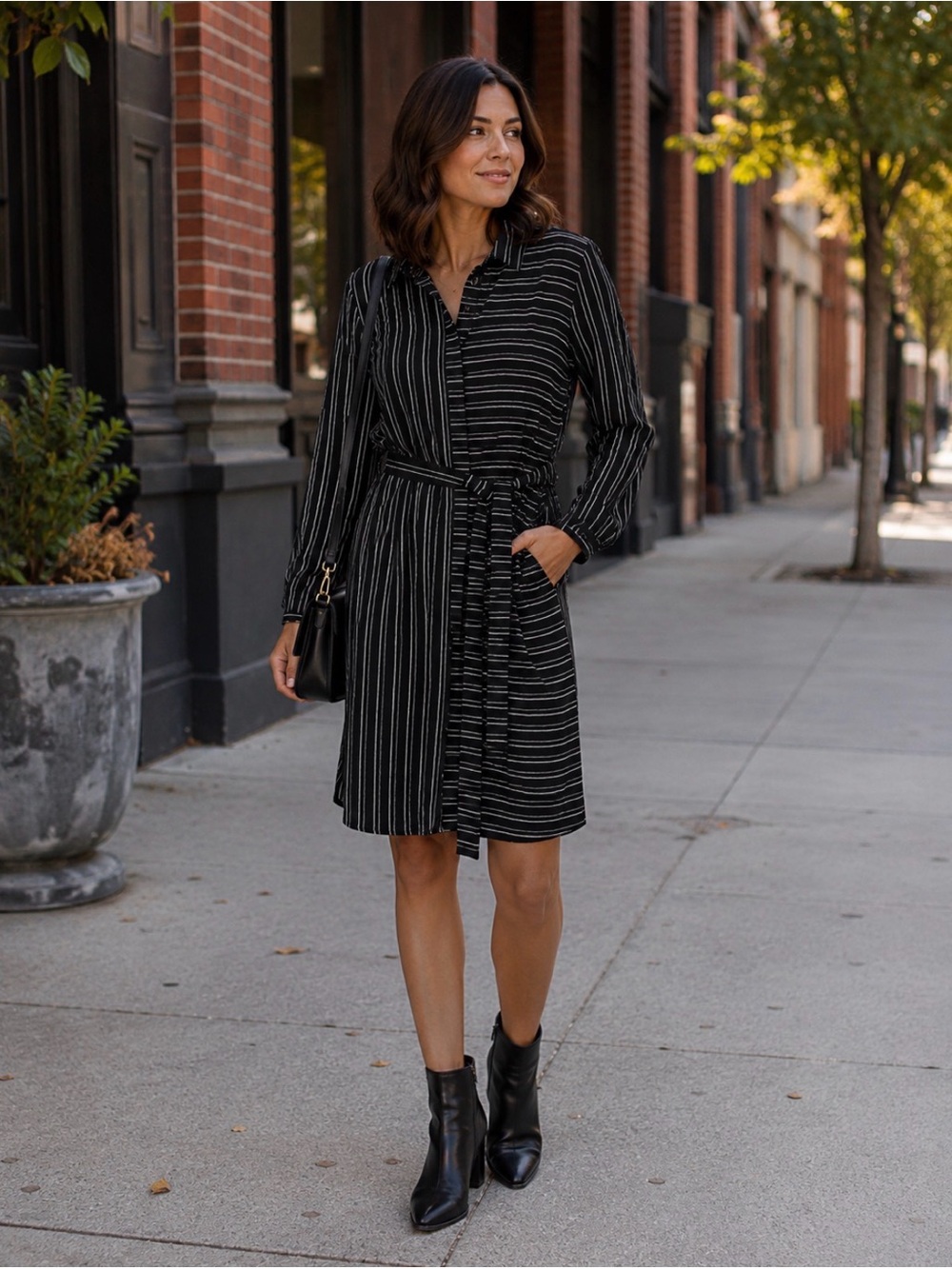 Yest Striped Shirt Dress with Tie Waist and Pockets